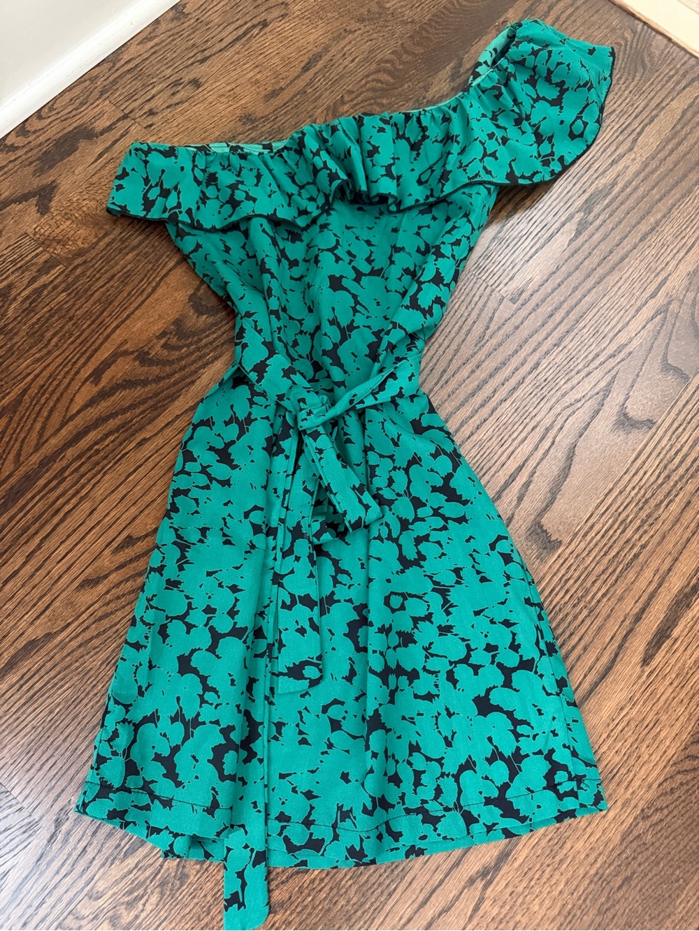 Off-Shoulder Green Floral Tie-Waist Dress
